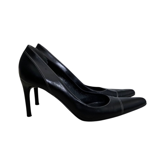 Ralph Lauren Made in Italy Black Leather Heels Pumps White Stitching Size 8 B - Picture 10 of 10